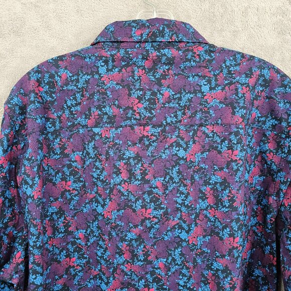 JB Holt Button Down Shirt L Blue Purple Pink Rose Dark Floral Flip Cuff Tailored - Picture 11 of 14